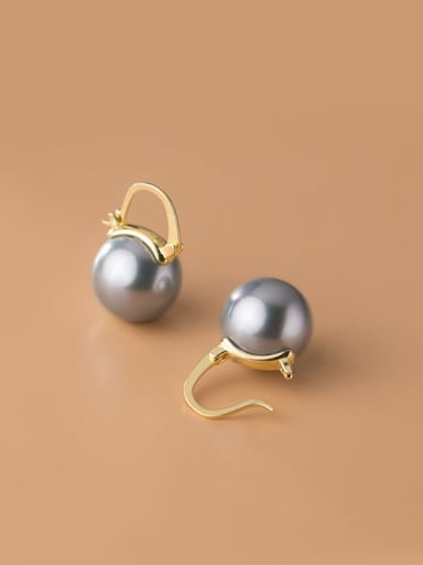 grey Shell Bead+ gold 925 Sterling Silver Imitation Pearl Geometric Minimalist Huggie Earring