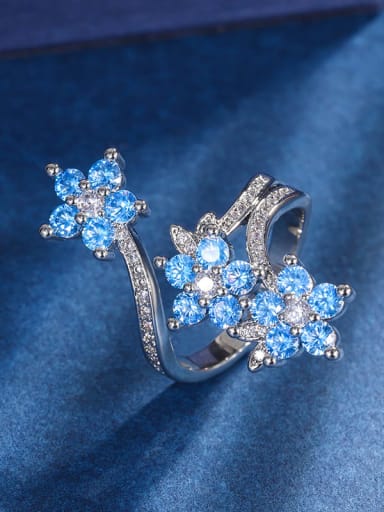 Sea Blue Treasure Ring Brass Cubic Zirconia Flower Luxury Band Ring