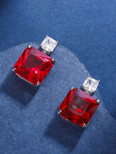 Red corundum earrings Bronze Rhinestone Luxury Geometric  Earring and Necklace Set