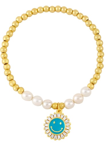 blue Brass Imitation Pearl Enamel Smiley Trend Beaded Bracelet