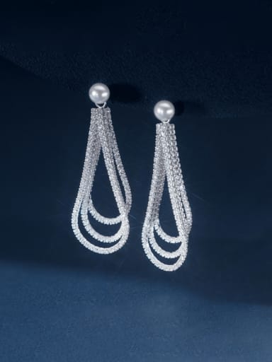 Silver 925 Sterling Silver Cubic Zirconia Tassel Dainty Full Diamond Chain Drop Earring