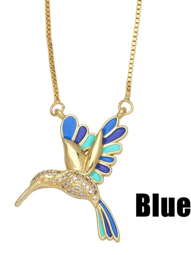 blue Brass Cubic Zirconia Enamel Vintage Animal Bird  Pendant Necklace