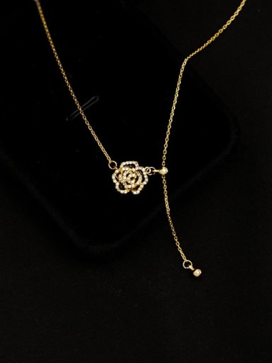 NS808 [Gold] 925 Sterling Silver Cubic Zirconia Flower Minimalist Lariat Necklace