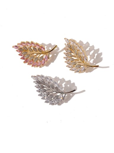 Copper Cubic Zirconia White Leaf Dainty Brooches