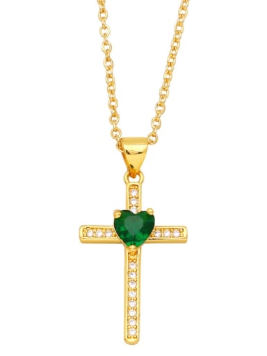 green Brass Cubic Zirconia Cross Vintage Regligious Necklace