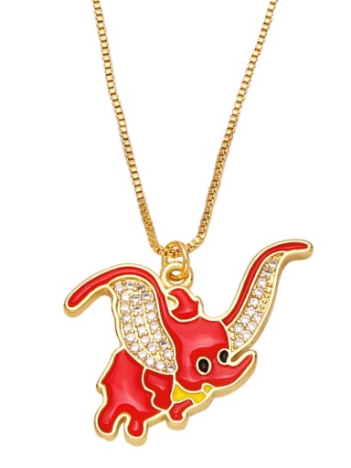 red Brass Cubic Zirconia Enamel Icon  Elephant Vintage Necklace