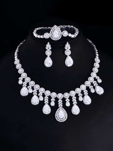 Brass Cubic Zirconia  Luxury Water Drop  Ring Earring Bangle And Necklace Set