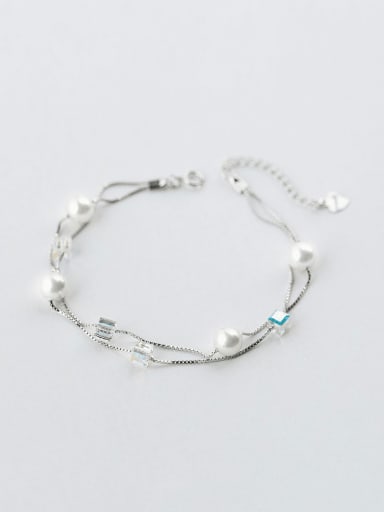 925 Sterling Silver Imitation Pearl Square Minimalist Strand Bracelet