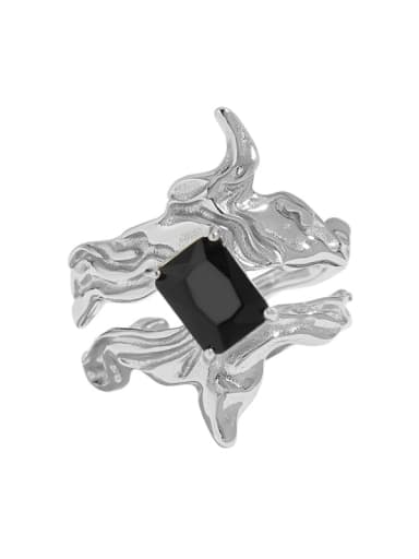 Platinum [black stone] 925 Sterling Silver Cubic Zirconia Irregular Vintage Band Ring