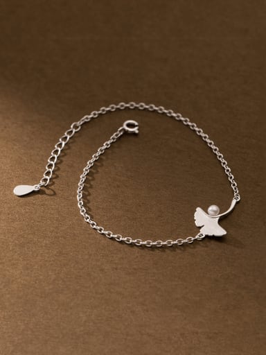 925 Sterling Silver Imitation Pearl Leaf Minimalist Link Bracelet