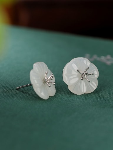 Silver 925 Sterling Silver Jade Flower Vintage Stud Earring