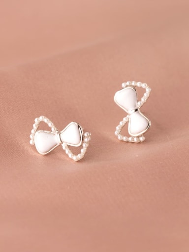 925 Sterling Silver Imitation Pearl Bowknot Minimalist Stud Earring