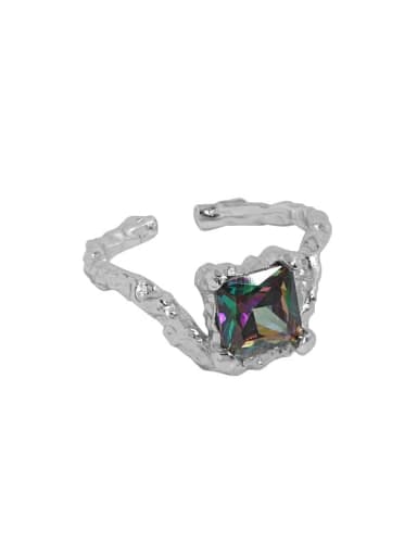 Platinum [14 adjustable] 925 Sterling Silver Glass Stone Geometric Vintage Band Ring