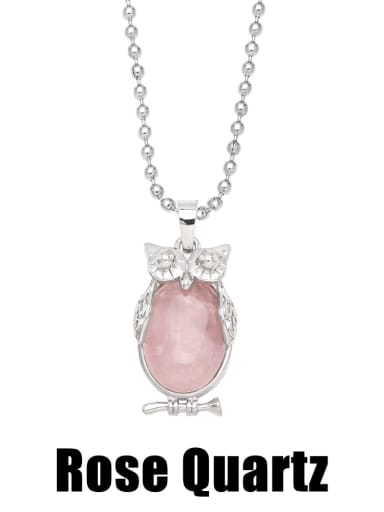 Pink Crystal Rose Quartz Brass Natural Stone Owl Vintage Necklace