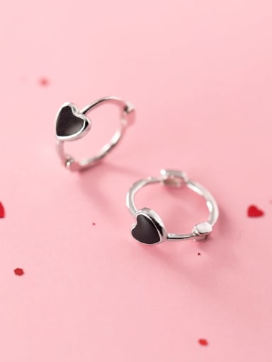 925 Sterling Silver Black Enamel Heart Cute Clip On Earrings