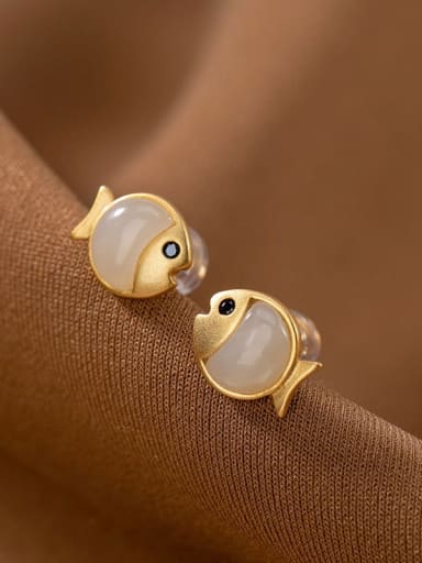 925 Sterling Silver Jade Fish Cute Stud Earring
