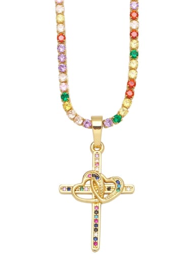 Colored zirconium Brass Cubic Zirconia Heart Vintage Cross Pendant Necklace