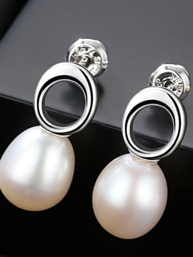 White 2H08 925 Sterling Silver Freshwater Pearl Hollow Round  Minimalist Drop Earring