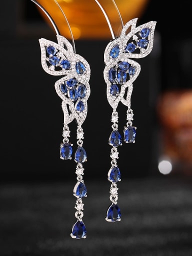 blue Brass Cubic Zirconia Butterfly Tassel Luxury Cluster Earring