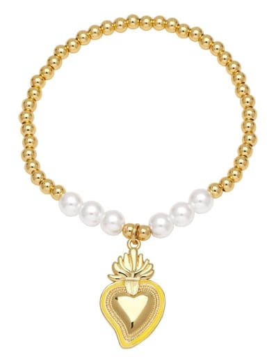 yellow Brass Enamel Heart Vintage Handmade Beaded Bracelet