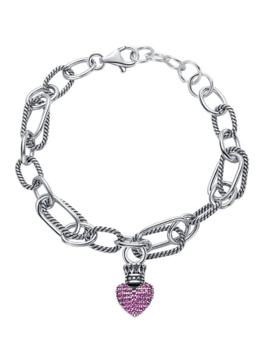 925 Sterling Silver Cubic Zirconia Heart Vintage Link Bracelet