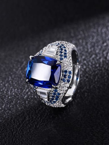 Royal Blue Ring Brass Cubic Zirconia Square Luxury Cocktail Ring