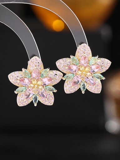 Pink Brass Cubic Zirconia Flower Trend Stud Earring
