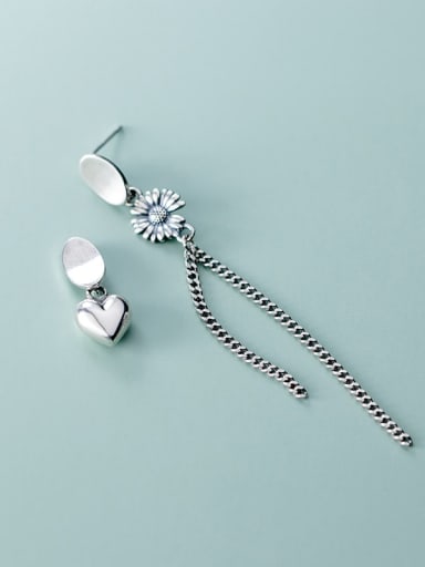 925 Sterling Silver Retro  Daisy Asymmetric Chain Tassel Threader Earring