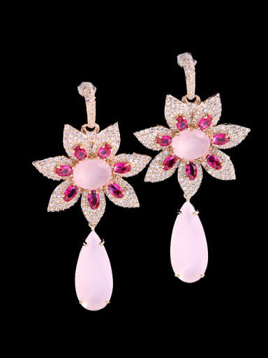 Jelly Pink Brass Cubic Zirconia Flower Luxury Drop Earring