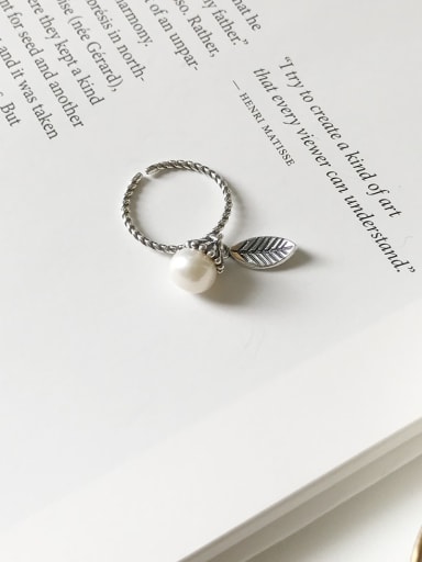 925 Sterling Silver Imitation Pearl  Leaf Vintage  Free Size Midi Ring