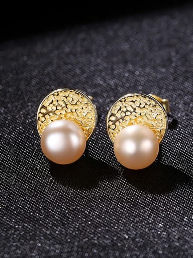 Pink 1I02 925 Sterling Silver Imitation Pearl Geometric Vintage Stud Earring