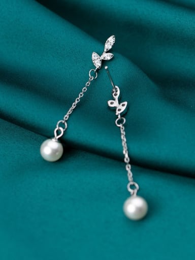 925 Sterling Silver Imitation Pearl Leaf Minimalist Threader Earring