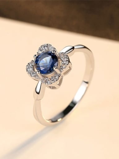 925 Sterling Silver Cubic Zirconia Blue Flower Luxury Band Ring