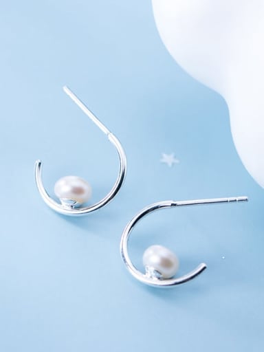 925 Sterling Silver Imitation Pearl Simple Cute C Shape  Earring