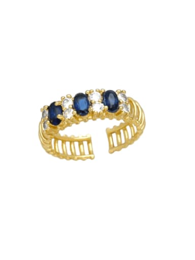 blue Brass Cubic Zirconia Geometric Hip Hop Band Ring