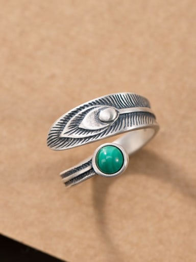 925 Sterling Silver Malchite Feather Vintage Band Ring