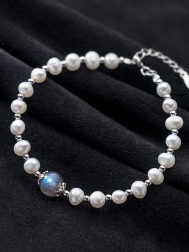 925 Sterling Silver Imitation Pearl Round Minimalist Beaded Bracelet