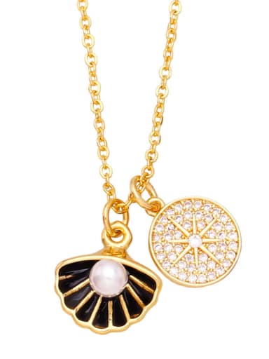 Brass Cubic Zirconia  Vintage Shell Pearl Hexagram Double Pendant  Necklace