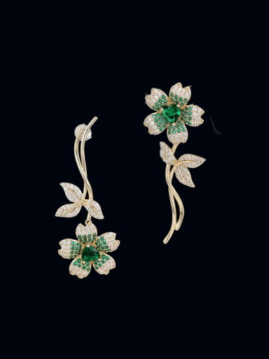 Golden Green Brass Cubic Zirconia Flower Luxury Cluster Earring