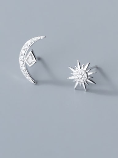 925 Sterling Silver Cubic Zirconia Star moon asymmetric Dainty Stud Earring