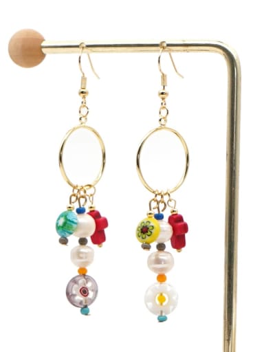 Stainless steel Freshwater Pearl Multi Color Glass beads Ethnic Long   Hook Earring