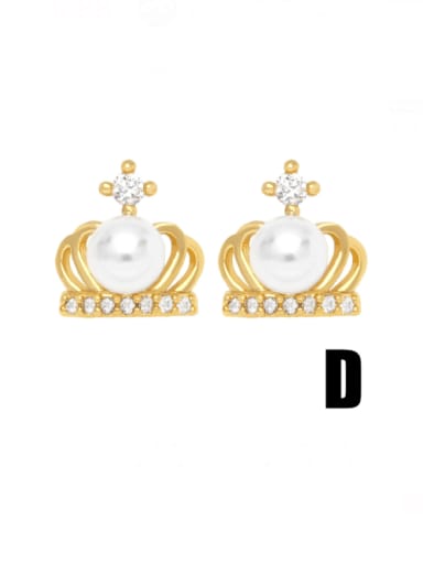 D Brass Imitation Pearl Crown Cute Stud Earring