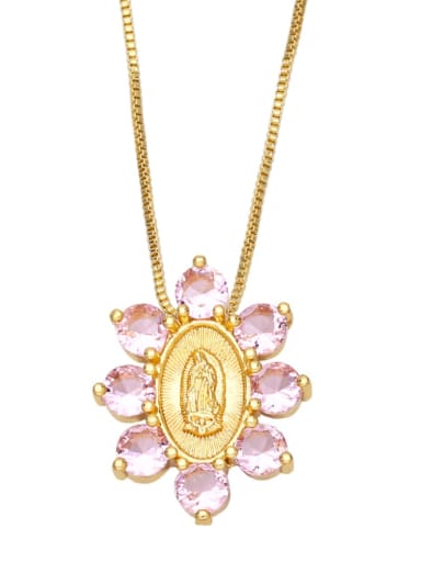 Pink Brass Cubic Zirconia Flower Vintage Regligious Necklace