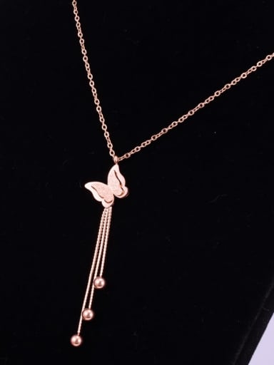 Titanium Simple Butterfly Round Bead  Tassel Necklace