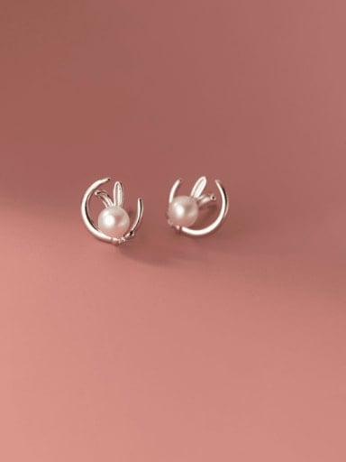 custom 925 Sterling Silver Imitation Pearl Rabbit Minimalist Stud Earring