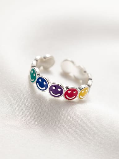 925 Sterling Silver Enamel Smiley Cute Band Ring