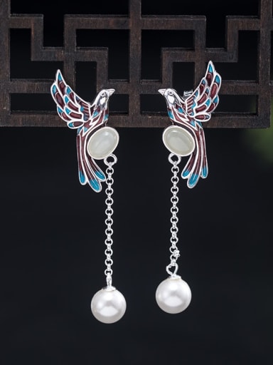 925 Sterling Silver Imitation Pearl Bird Vintage Threader Earring