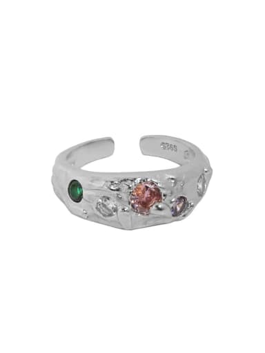 White gold [pink stone] 925 Sterling Silver Glass Stone Irregular Vintage Band Ring