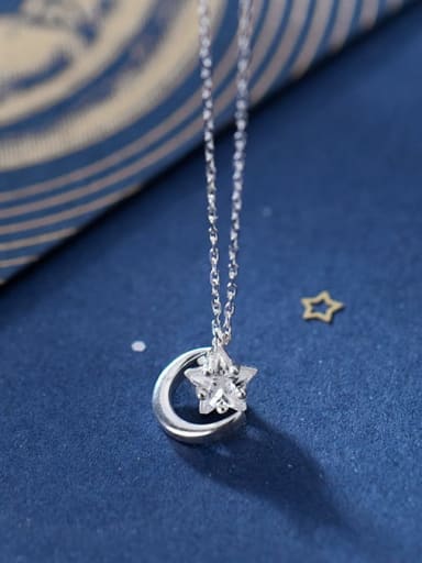 925 Sterling Silver Single Diamond Star Moon Pendant   Necklace