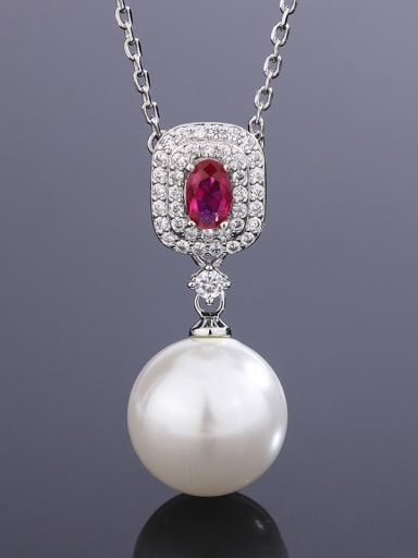 Red corundum and white bead pendant Brass Imitation Pearl Luxury Geometric  Earring and Necklace Set